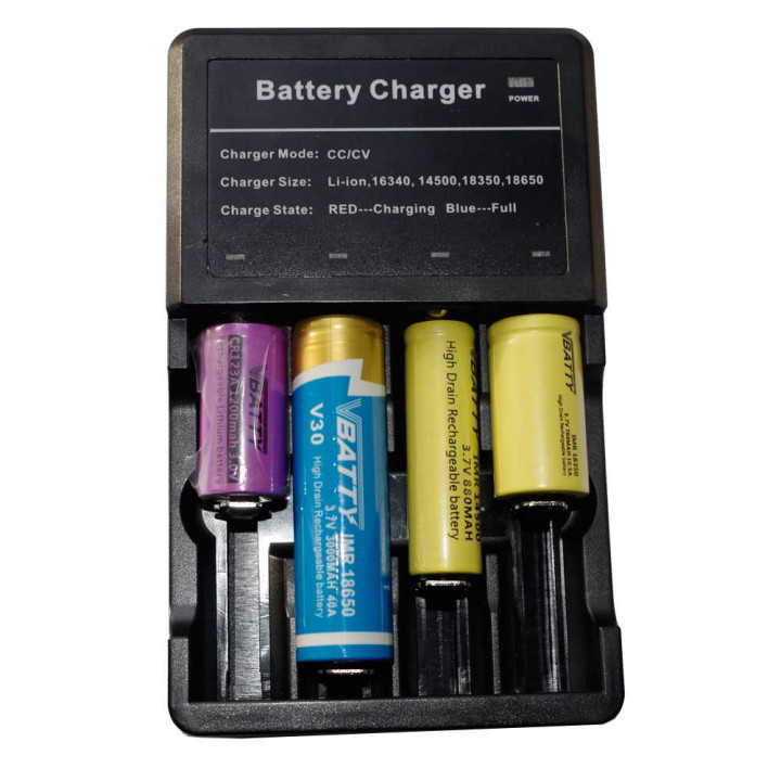 Ładowarka na 4 akumulatorki 3.7 v z USB 18350 14500 CR123 CE